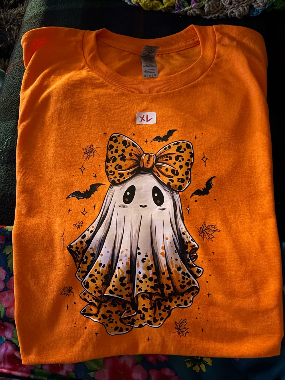 Gildan Orange Short Sleeve Halloween shirt w/Leopard-Bow Ghost & trim